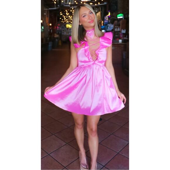 For Love & Lemons Lala Lace Up Heart Choker Ruffle Pink Mini Dress Size S - Picture 5 of 12